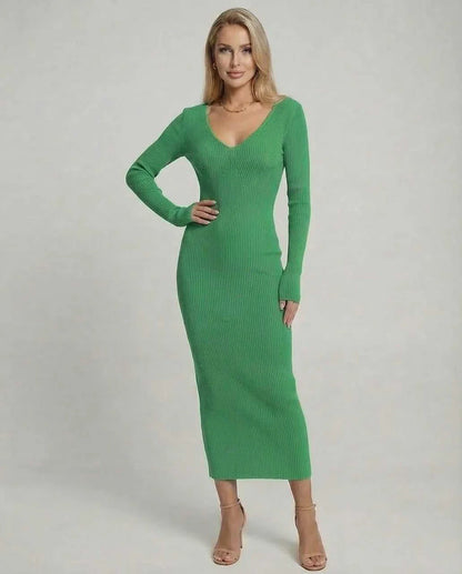 Green Linen Bodycon V-Neck Long Sleeve Midi Dress | Prom, Cocktail Parties & Casual Outings, front view | Ramblion | SKU: IMD-829374650-green-L-1583,IMD-829374650-green-M-7867,IMD-829374650-green-S-5346,IMD-829374650-green-XL-1243,IMD-829374650-green-XS-3984