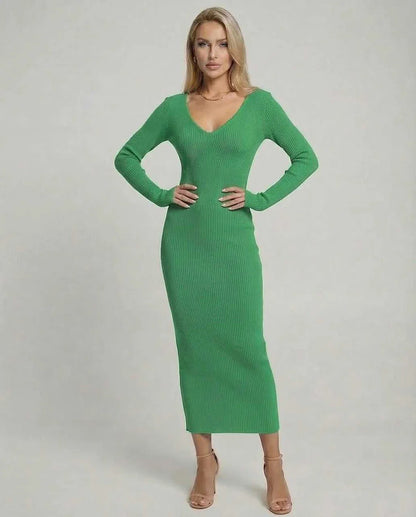 Green Linen Bodycon V-Neck Long Sleeve Midi Dress | Prom, Cocktail Parties & Casual Outings, front view | Ramblion | SKU: IMD-829374650-green-L-1583,IMD-829374650-green-M-7867,IMD-829374650-green-S-5346,IMD-829374650-green-XL-1243,IMD-829374650-green-XS-3984