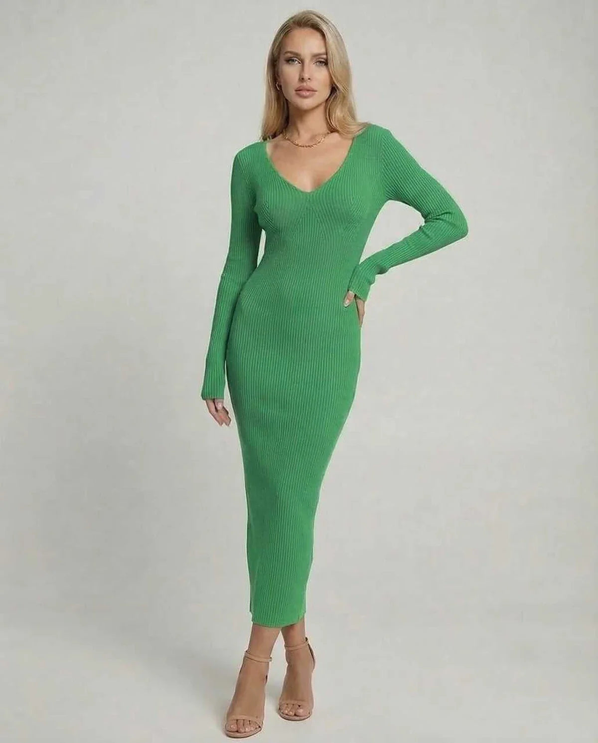 Green Linen Bodycon V-Neck Long Sleeve Midi Dress | Prom, Cocktail Parties & Casual Outings, front view | Ramblion | SKU: IMD-829374650-green-L-1583,IMD-829374650-green-M-7867,IMD-829374650-green-S-5346,IMD-829374650-green-XL-1243,IMD-829374650-green-XS-3984