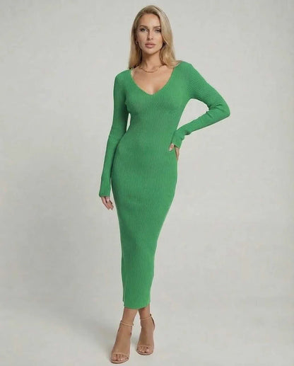 Green Linen Bodycon V-Neck Long Sleeve Midi Dress | Prom, Cocktail Parties & Casual Outings, front view | Ramblion | SKU: IMD-829374650-green-L-1583,IMD-829374650-green-M-7867,IMD-829374650-green-S-5346,IMD-829374650-green-XL-1243,IMD-829374650-green-XS-3984