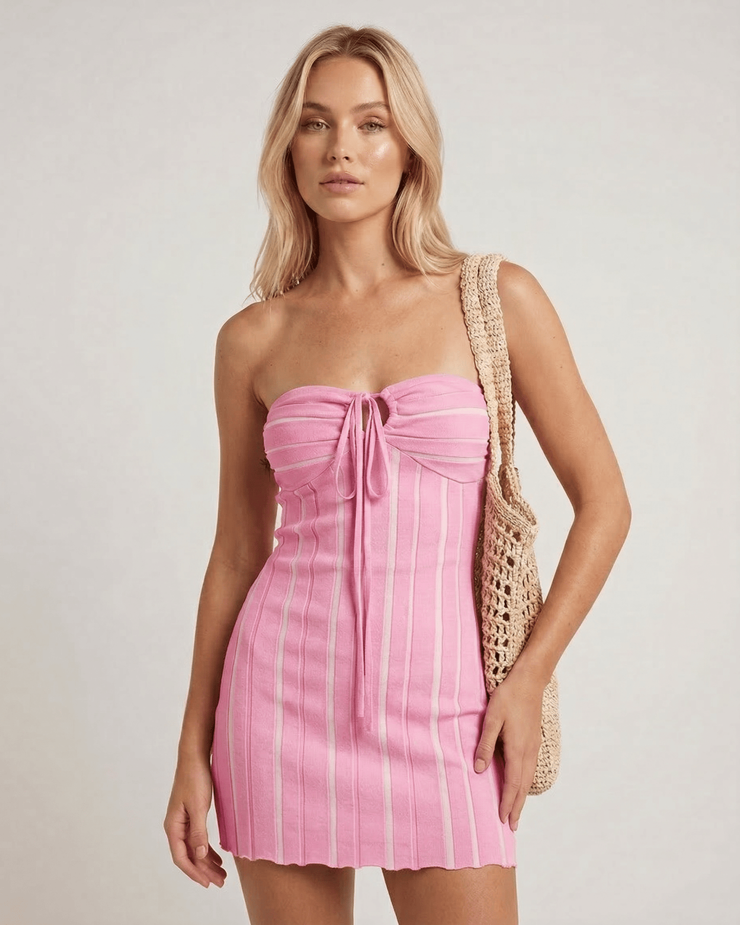 Xaya Mini Dress in pink, lightweight knitted, halter design, perfect for warm weather, by RAMBLION.