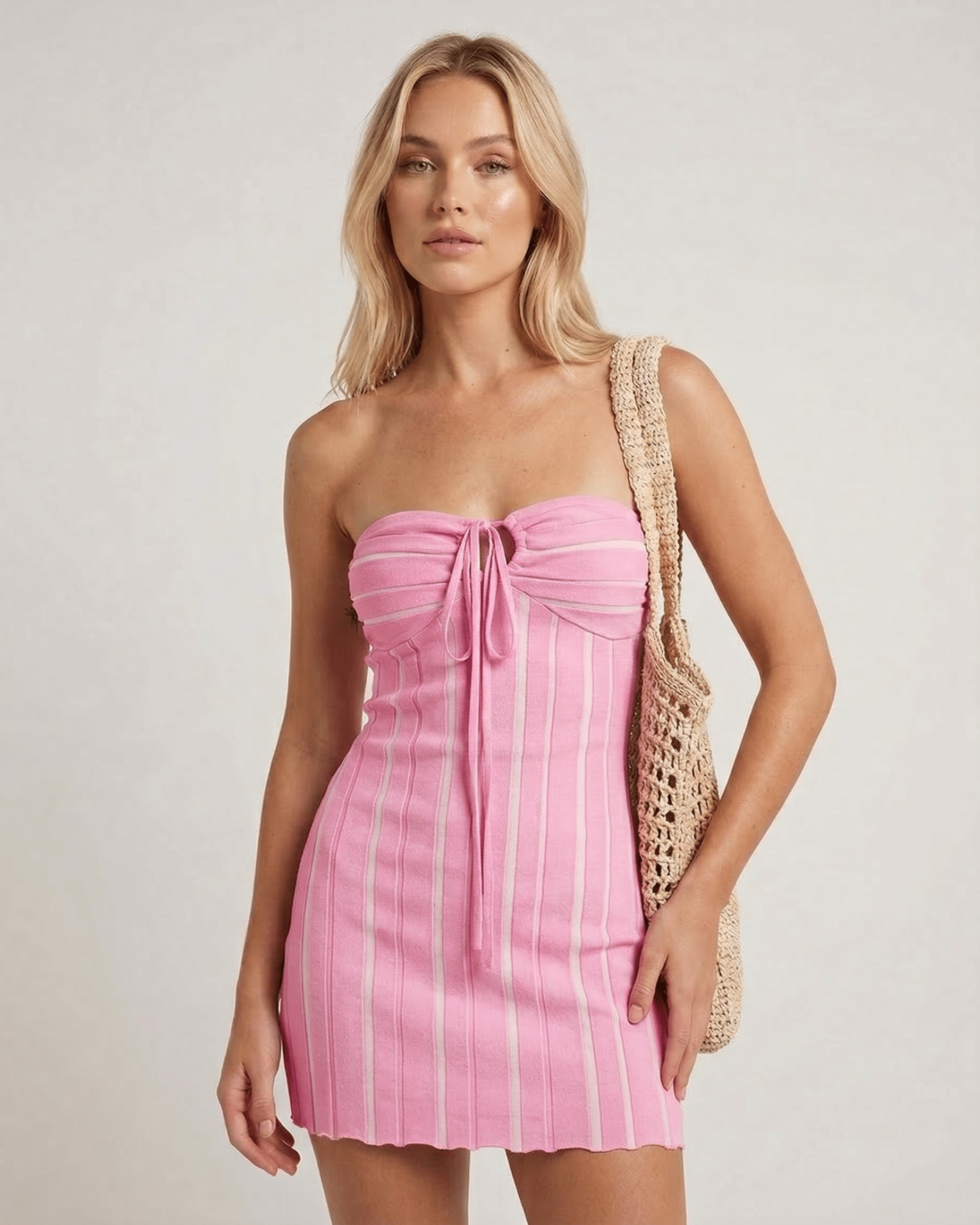 Xaya Mini Dress in pink, lightweight knitted, halter design, perfect for warm weather, by RAMBLION.