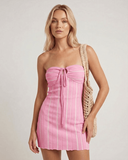 Xaya Mini Dress in pink, lightweight knitted, halter design, perfect for warm weather, by RAMBLION.