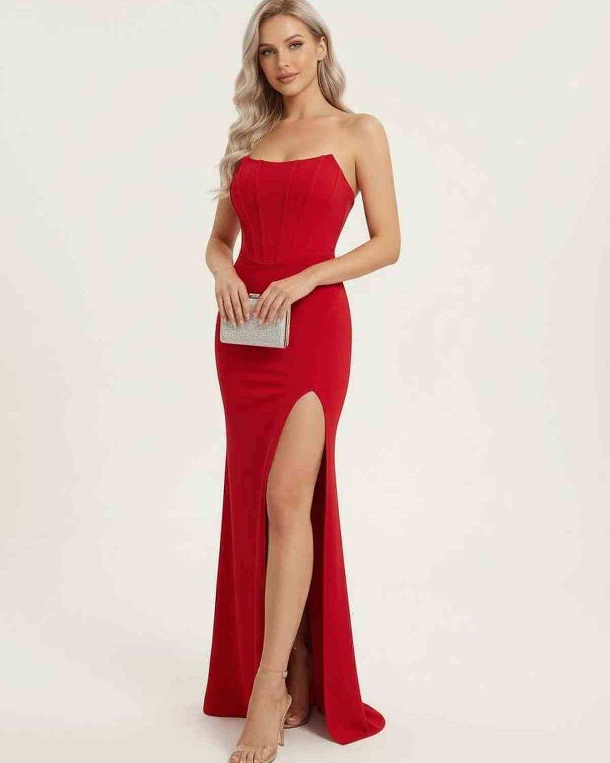 Xeda Maxi Dress in red satin with corset bodice, perfect for formal occasions by RAMBLION.
