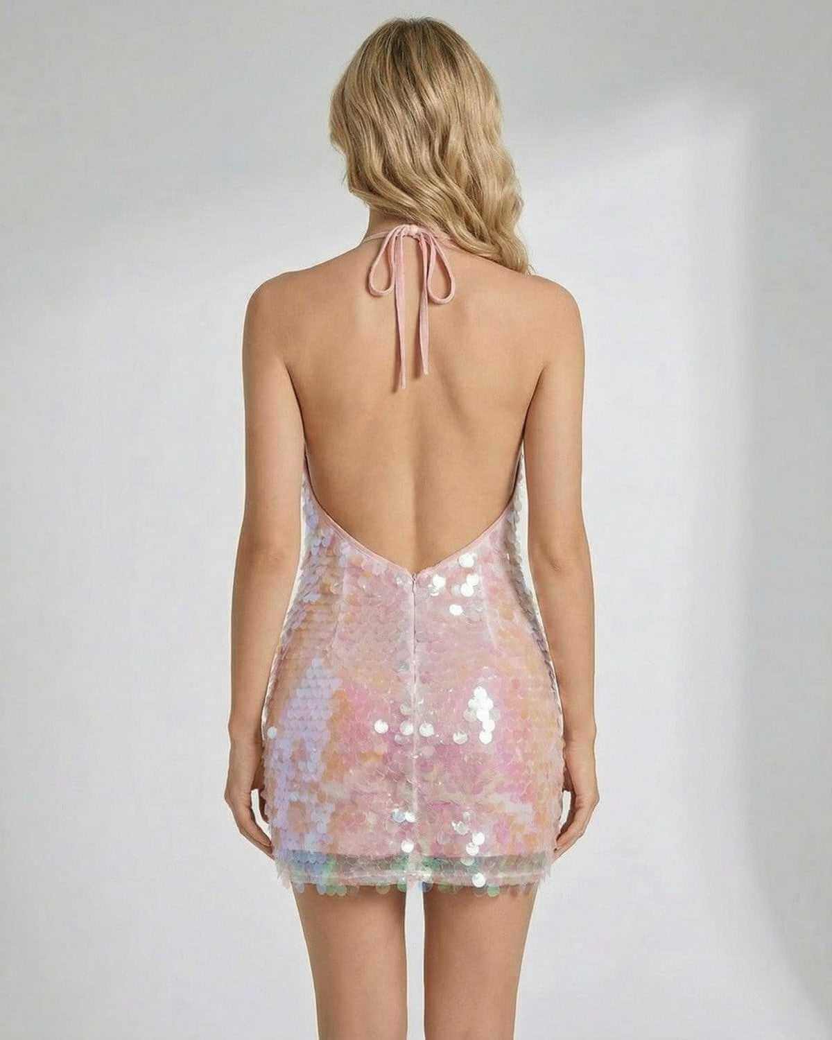 Xeda Mini Dress back view with halter neckline, iridescent sequins, stylish and captivating by RAMBLION.