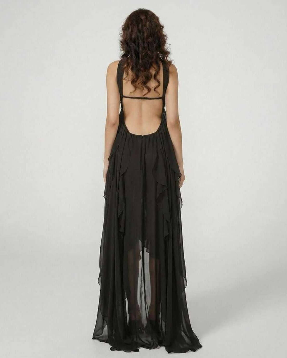 Xena Maxi Dress by RAMBLION, black strapless maxi dress with ruffled layers and asymmetrical hemline.