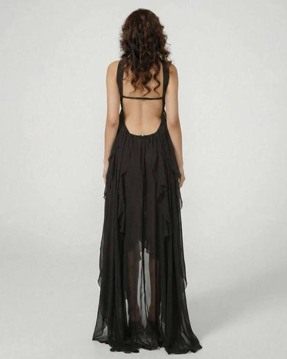 Xena Maxi Dress by RAMBLION, black strapless maxi dress with ruffled layers and asymmetrical hemline.