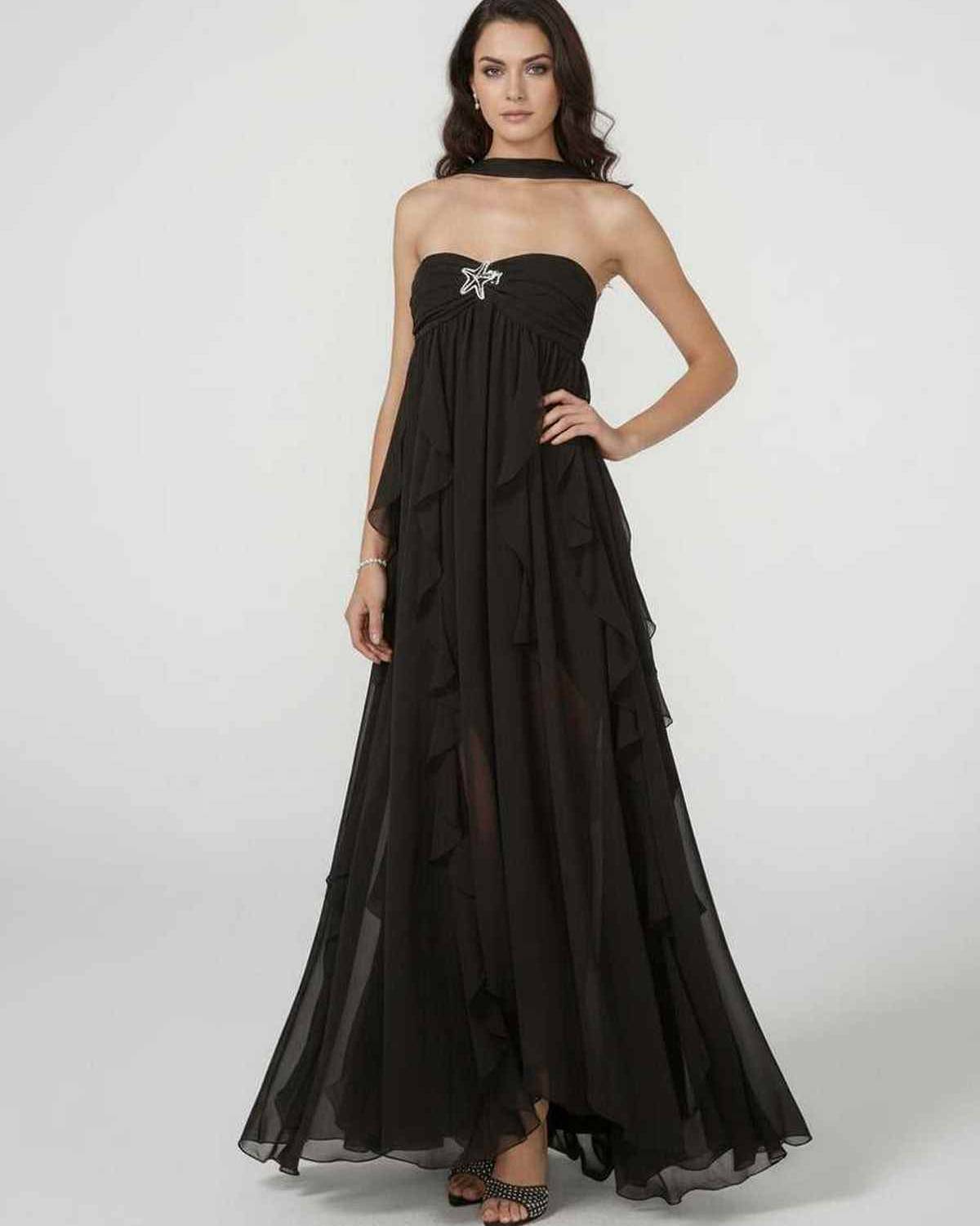 Xena Maxi Dress by RAMBLION, black ankle-length, strapless, ruffled layers, elegant flow, perfect for formal occasions.
