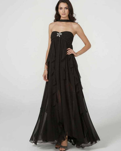 Xena Maxi Dress by RAMBLION, black ankle-length, strapless, ruffled layers, elegant flow, perfect for formal occasions.