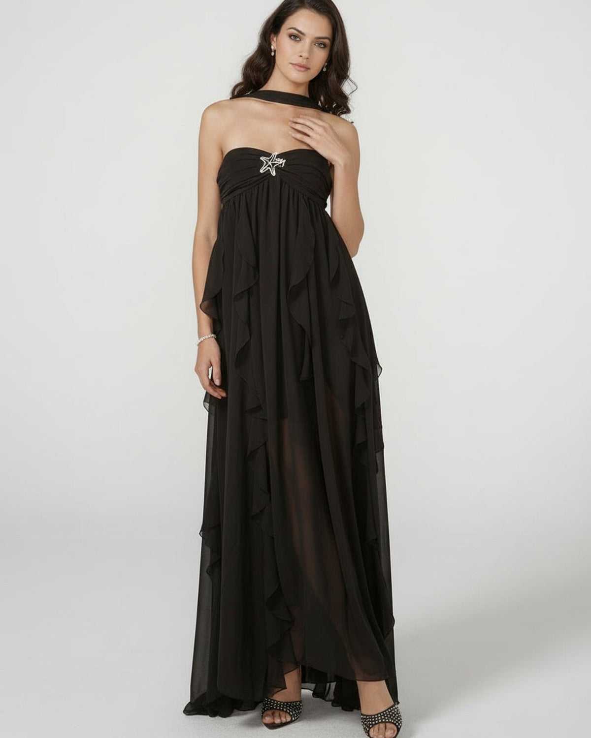 Xena Maxi Dress by RAMBLION, black strapless ankle-length dress with ruffled layers, perfect for elegant occasions.