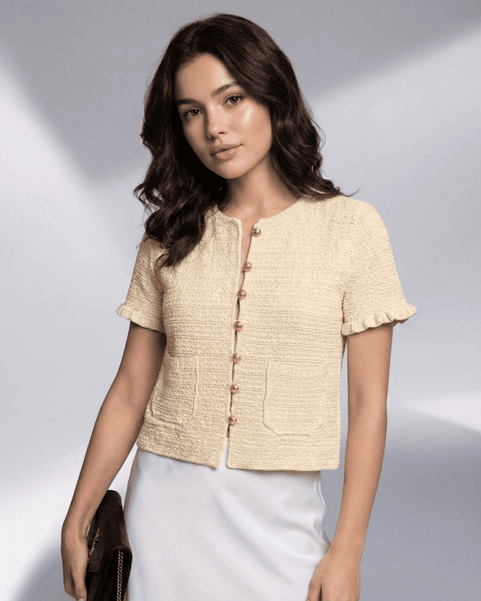 Xeva Cardigan in beige, featuring short sleeves and O-neck collar, perfect for warm weather by RAMBLION.