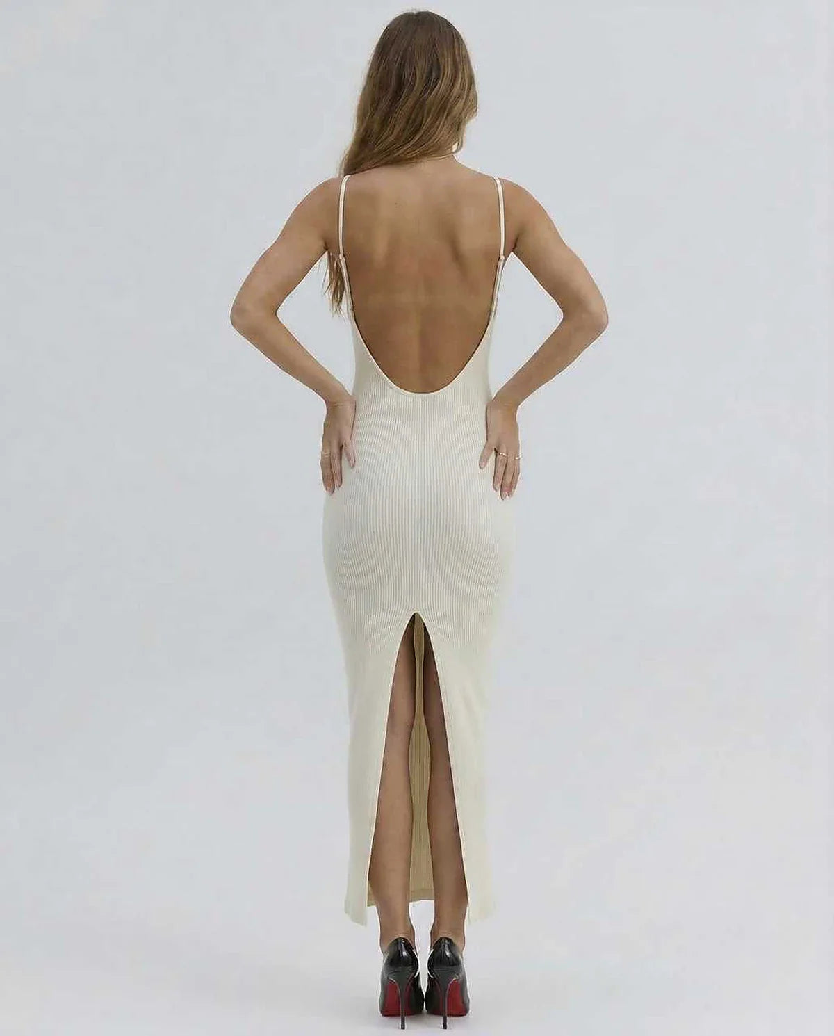 Ivory Gown V-Neck Sleeveless Midi Dress | Formal Occasions, Evening Parties & Everyday Wear, back view | Ramblion | SKU: CMD-128374965-ivory-L-6966,CMD-128374965-ivory-M-1269,CMD-128374965-ivory-S-8168,CMD-128374965-ivory-XL-6522,CMD-128374965-ivory-XS-1928