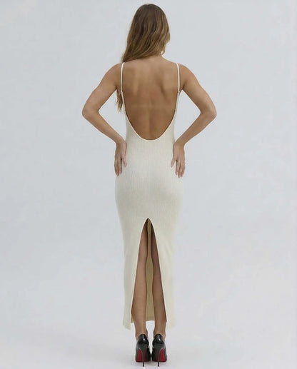 Ivory Gown V-Neck Sleeveless Midi Dress | Formal Occasions, Evening Parties & Everyday Wear, back view | Ramblion | SKU: CMD-128374965-ivory-L-6966,CMD-128374965-ivory-M-1269,CMD-128374965-ivory-S-8168,CMD-128374965-ivory-XL-6522,CMD-128374965-ivory-XS-1928