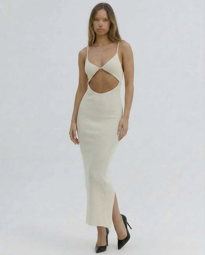 Ivory Gown V-Neck Sleeveless Midi Dress | Formal Occasions, Evening Parties & Everyday Wear, front view | Ramblion | SKU: CMD-128374965-ivory-L-6966,CMD-128374965-ivory-M-1269,CMD-128374965-ivory-S-8168,CMD-128374965-ivory-XL-6522,CMD-128374965-ivory-XS-1928