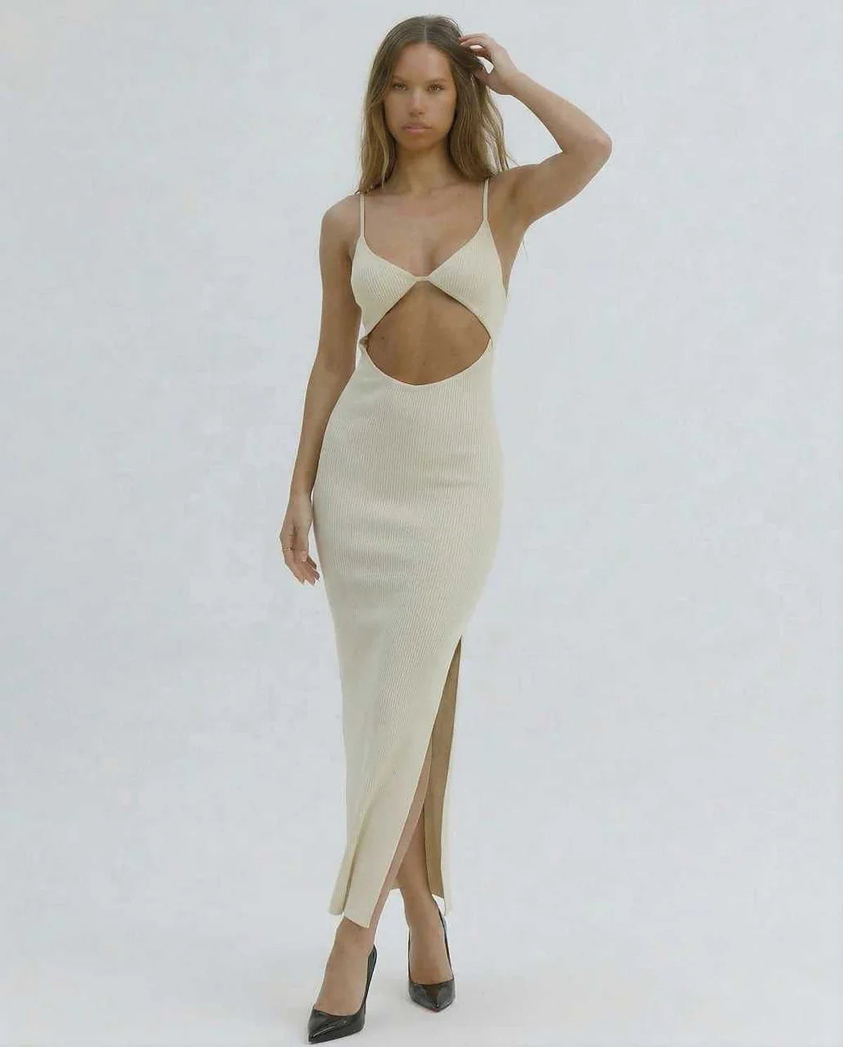 Ivory Gown V-Neck Sleeveless Midi Dress | Formal Occasions, Evening Parties & Everyday Wear, front view | Ramblion | SKU: CMD-128374965-ivory-L-6966,CMD-128374965-ivory-M-1269,CMD-128374965-ivory-S-8168,CMD-128374965-ivory-XL-6522,CMD-128374965-ivory-XS-1928