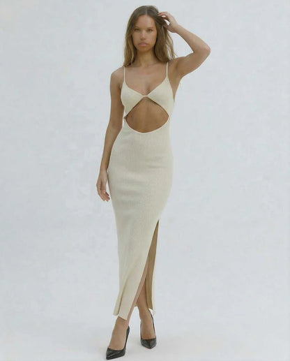 Ivory Gown V-Neck Sleeveless Midi Dress | Formal Occasions, Evening Parties & Everyday Wear, front view | Ramblion | SKU: CMD-128374965-ivory-L-6966,CMD-128374965-ivory-M-1269,CMD-128374965-ivory-S-8168,CMD-128374965-ivory-XL-6522,CMD-128374965-ivory-XS-1928