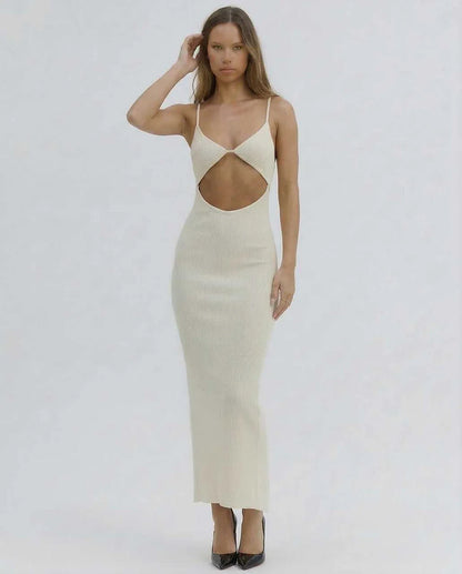 Ivory Gown V-Neck Sleeveless Midi Dress | Formal Occasions, Evening Parties & Everyday Wear, front view | Ramblion | SKU: CMD-128374965-ivory-L-6966,CMD-128374965-ivory-M-1269,CMD-128374965-ivory-S-8168,CMD-128374965-ivory-XL-6522,CMD-128374965-ivory-XS-1928