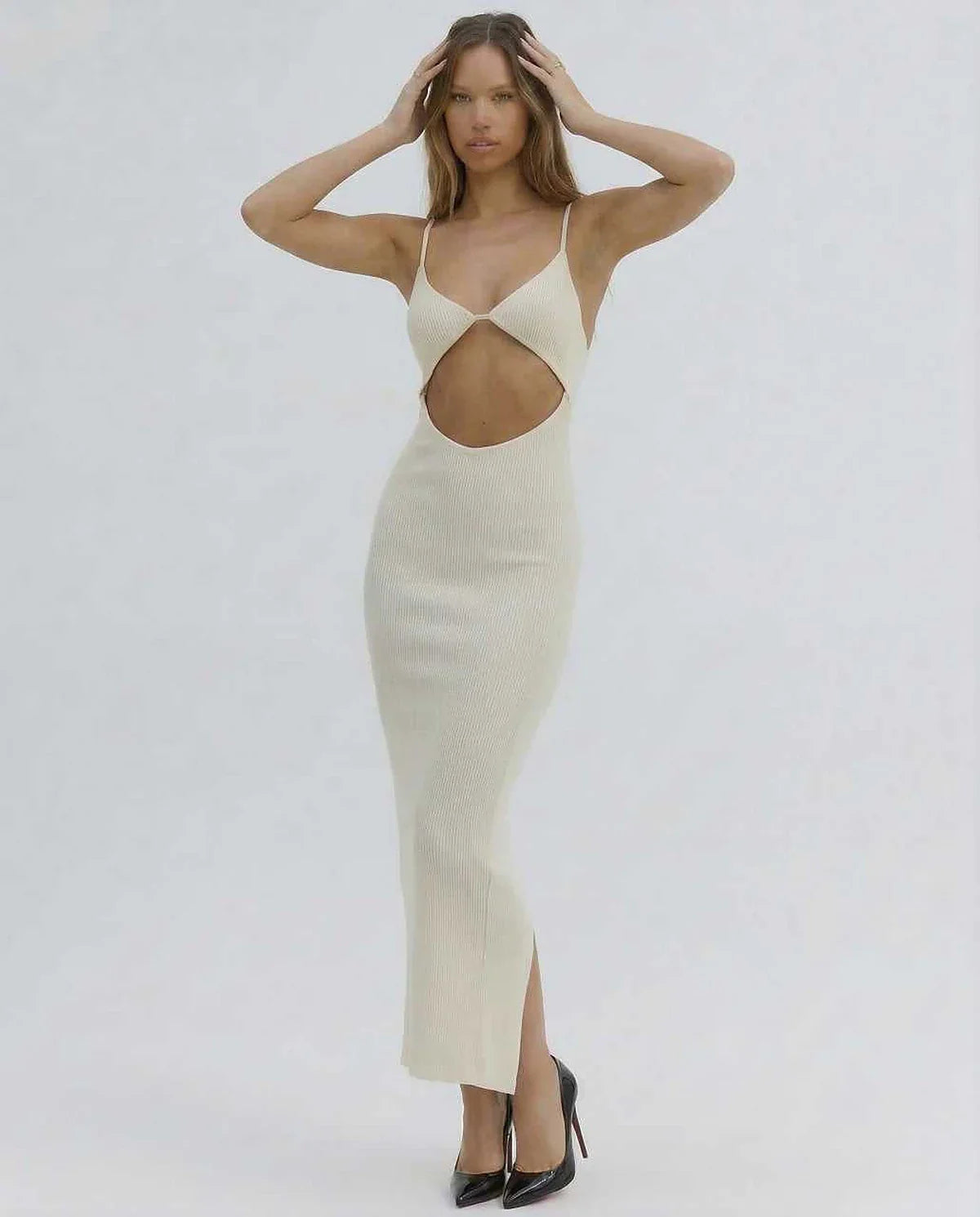 Ivory Gown V-Neck Sleeveless Midi Dress | Formal Occasions, Evening Parties & Everyday Wear, front view | Ramblion | SKU: CMD-128374965-ivory-L-6966,CMD-128374965-ivory-M-1269,CMD-128374965-ivory-S-8168,CMD-128374965-ivory-XL-6522,CMD-128374965-ivory-XS-1928