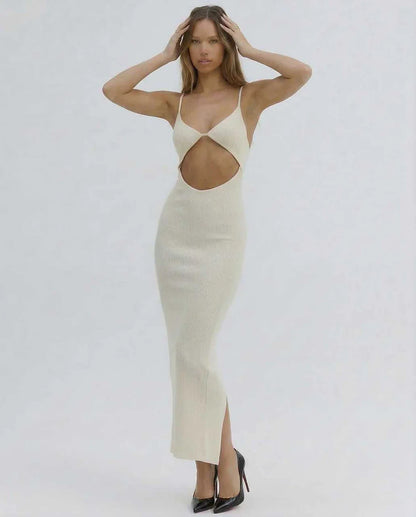 Ivory Gown V-Neck Sleeveless Midi Dress | Formal Occasions, Evening Parties & Everyday Wear, front view | Ramblion | SKU: CMD-128374965-ivory-L-6966,CMD-128374965-ivory-M-1269,CMD-128374965-ivory-S-8168,CMD-128374965-ivory-XL-6522,CMD-128374965-ivory-XS-1928