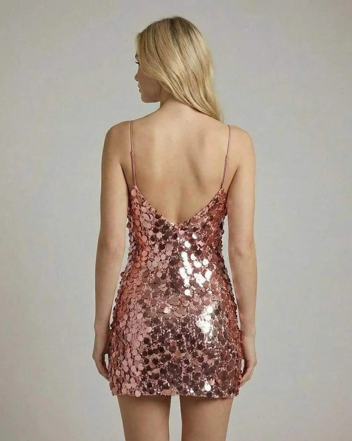 Pink Bodycon V-Neck Sleeveless Mini Dress | Wedding Season, back view | Ramblion | SKU: CMD-794210356-rosegold-L-8623,CMD-794210356-rosegold-M-1100,CMD-794210356-rosegold-S-5893,CMD-794210356-rosegold-XL-7611,CMD-794210356-rosegold-XS-5048