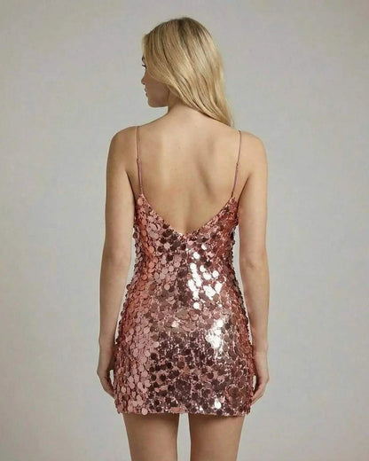 Pink Bodycon V-Neck Sleeveless Mini Dress | Wedding Season, back view | Ramblion | SKU: CMD-794210356-rosegold-L-8623,CMD-794210356-rosegold-M-1100,CMD-794210356-rosegold-S-5893,CMD-794210356-rosegold-XL-7611,CMD-794210356-rosegold-XS-5048