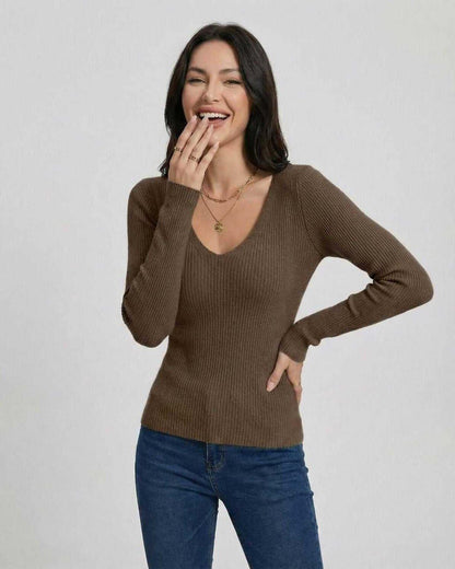 Xina Pullover by RAMBLION, women's brown V-neck sweater, lightweight knit for casual or formal occasions.