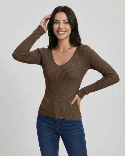 Xina Pullover by RAMBLION, brown V-neck pullover sweater, perfect for fall and winter styling.