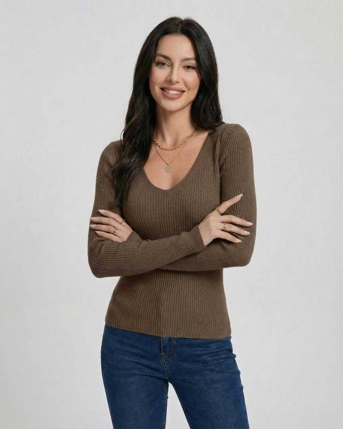 Xina Pullover in brown, V-neck women’s sweater by RAMBLION, lightweight and stylish for casual or formal occasions.