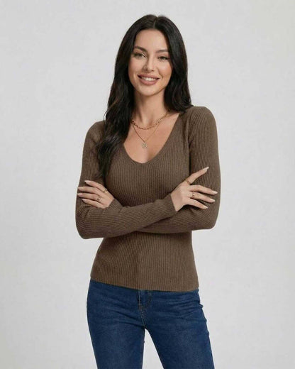 Xina Pullover in brown, V-neck women’s sweater by RAMBLION, lightweight and stylish for casual or formal occasions.