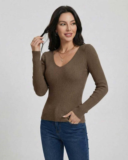 Xina Pullover by RAMBLION, chic brown V-neck sweater for casual or formal occasions, lightweight and comfortable.