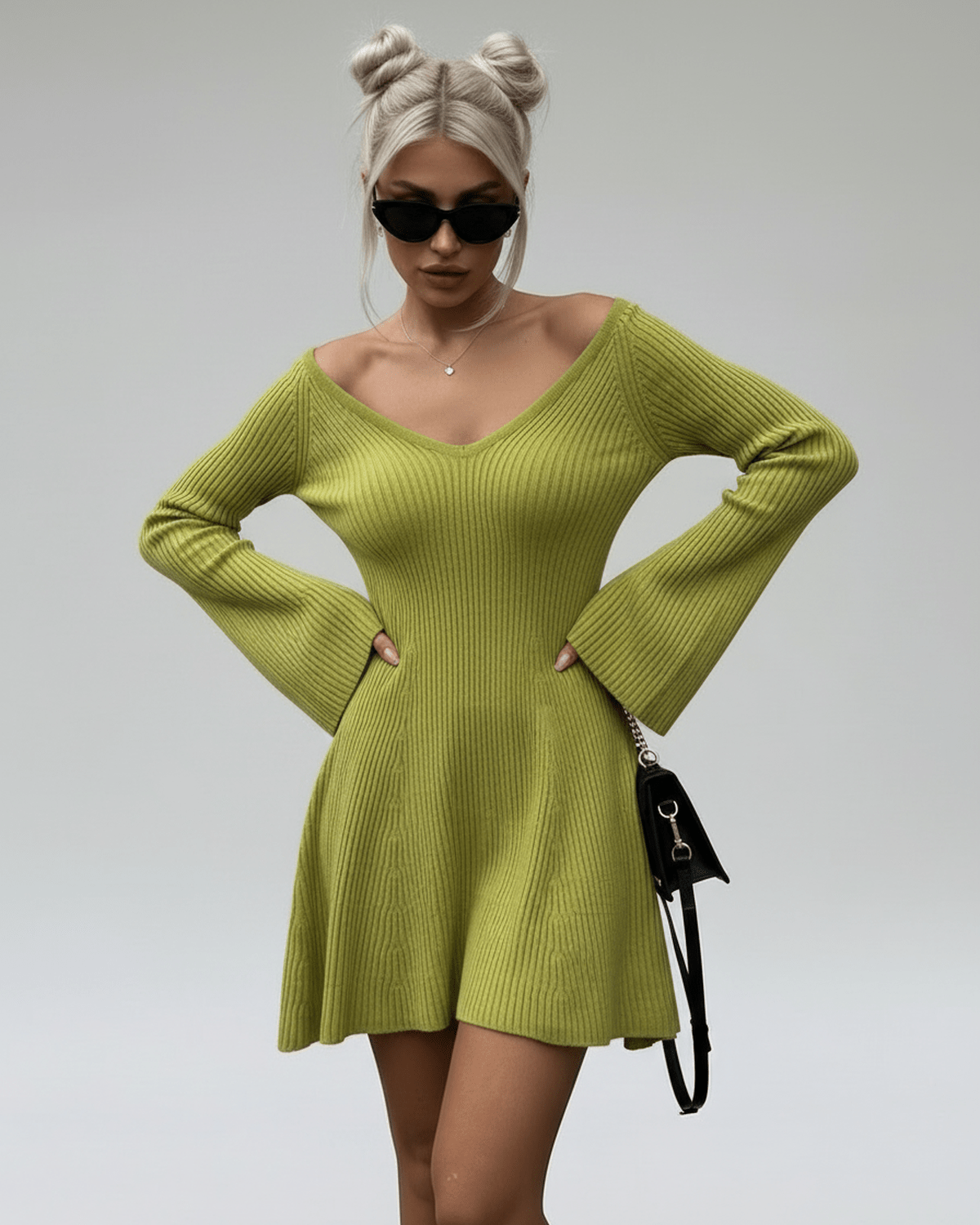 Xira Mini Dress in vibrant green, stylish V neck, perfect for chic casual occasions, by RAMBLION.