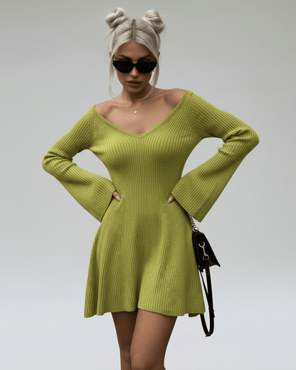 Xira Mini Dress in vibrant green, stylish V neck, perfect for chic casual occasions, by RAMBLION.