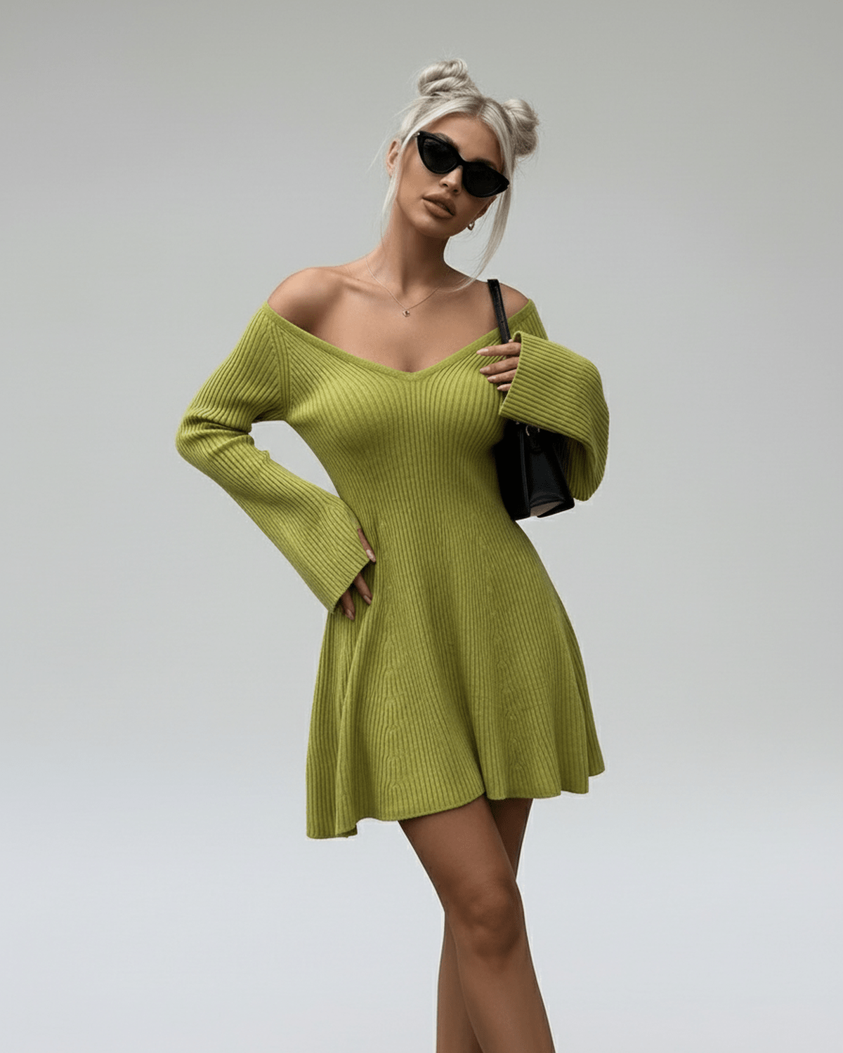 Xira Mini Dress in vibrant green, V Neck, stylish silhouette, chic, casual or dressy occasions by RAMBLION.