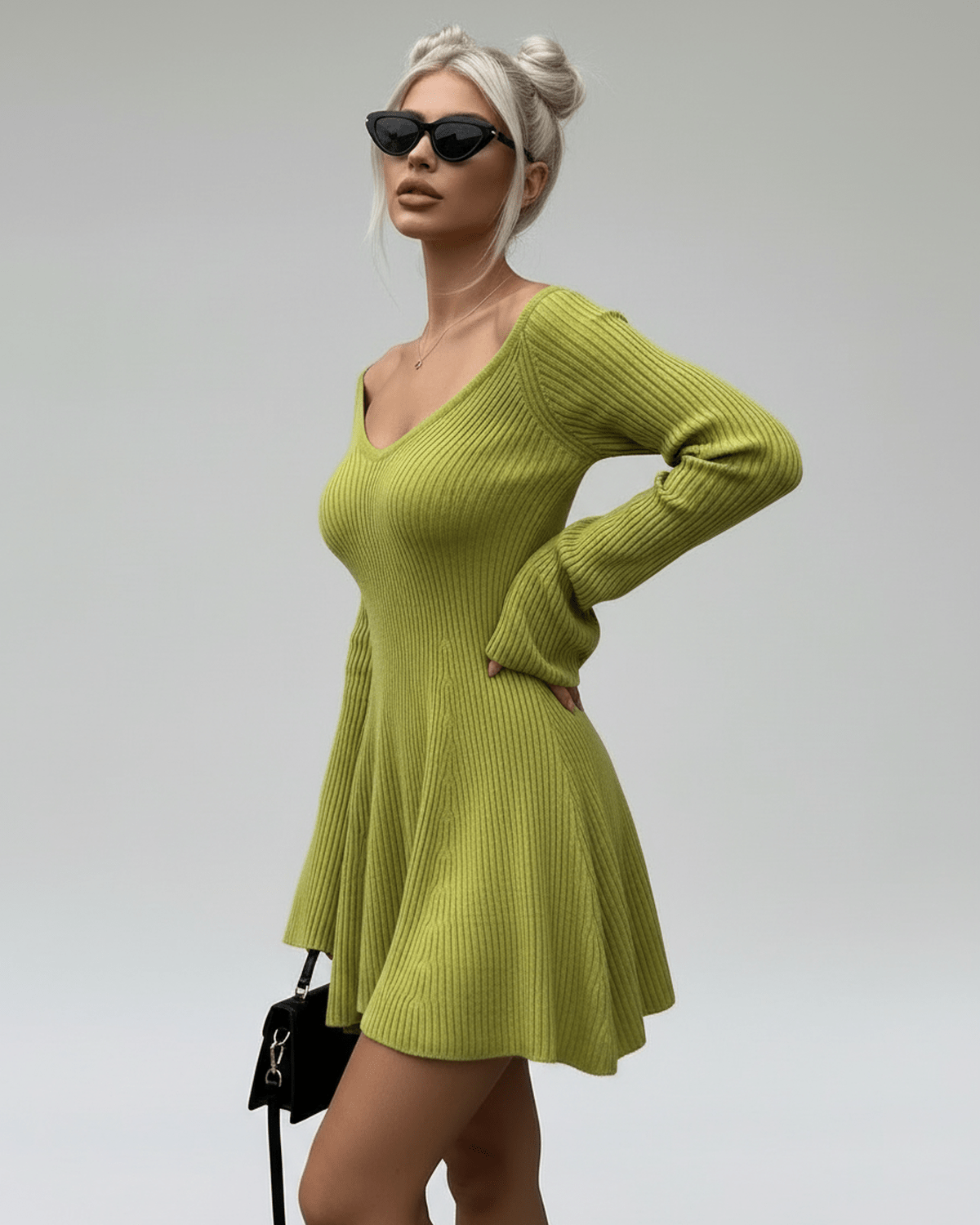 Xira Mini Dress in vibrant green, V Neck, soft feel, perfect for casual or dressy occasions, by RAMBLION.