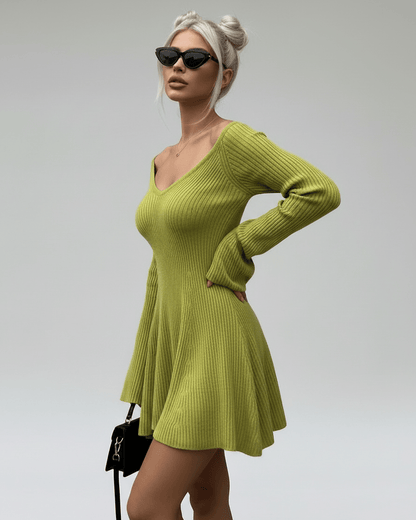 Xira Mini Dress in vibrant green, V Neck, soft feel, perfect for casual or dressy occasions, by RAMBLION.