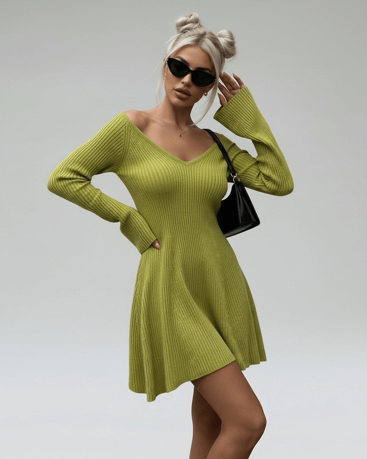 Xira Mini Dress in vibrant green, V Neck, soft knit fabric, perfect for casual or dressy occasions, by RAMBLION.