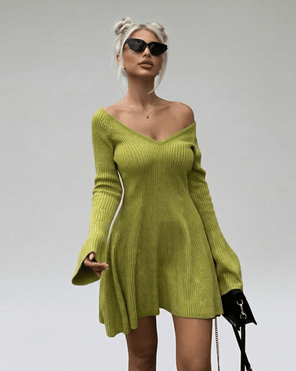 Xira Mini Dress, vibrant green, V Neck, stylish silhouette, casual or dressy, by RAMBLION