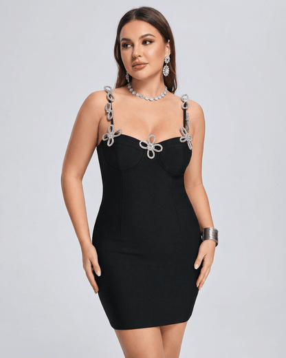 Xiva Mini Dress by RAMBLION, black satin with crystal-embellished straps, chic for modern occasions.