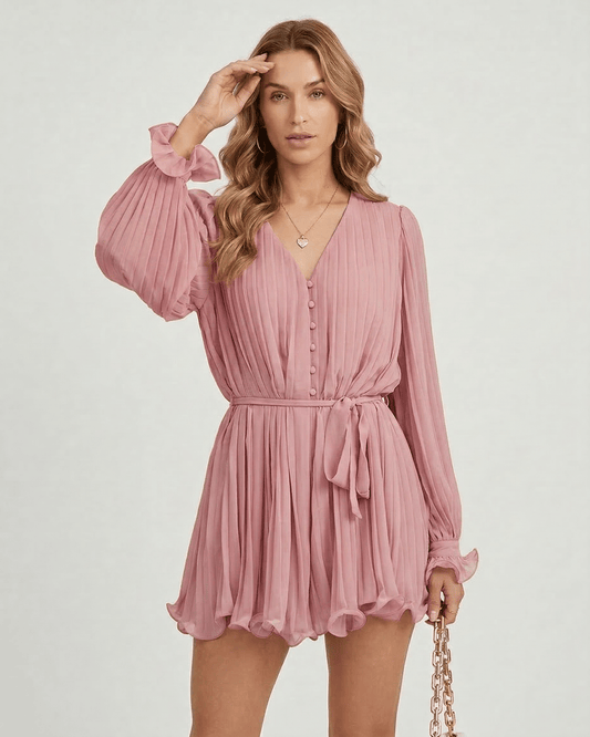 Xola Mini Dress in pink chiffon, V neck, pleated design, elegant for special occasions, by RAMBLION.