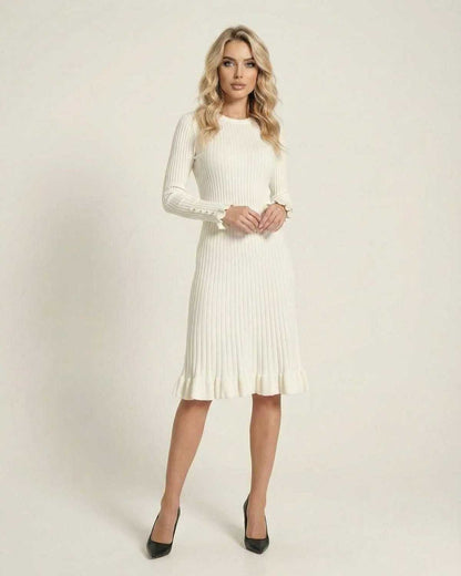 Xora Midi Dress featuring a white ribbed design, comfortable fit, elegant silhouette, perfect for any occasion by RAMBLION.