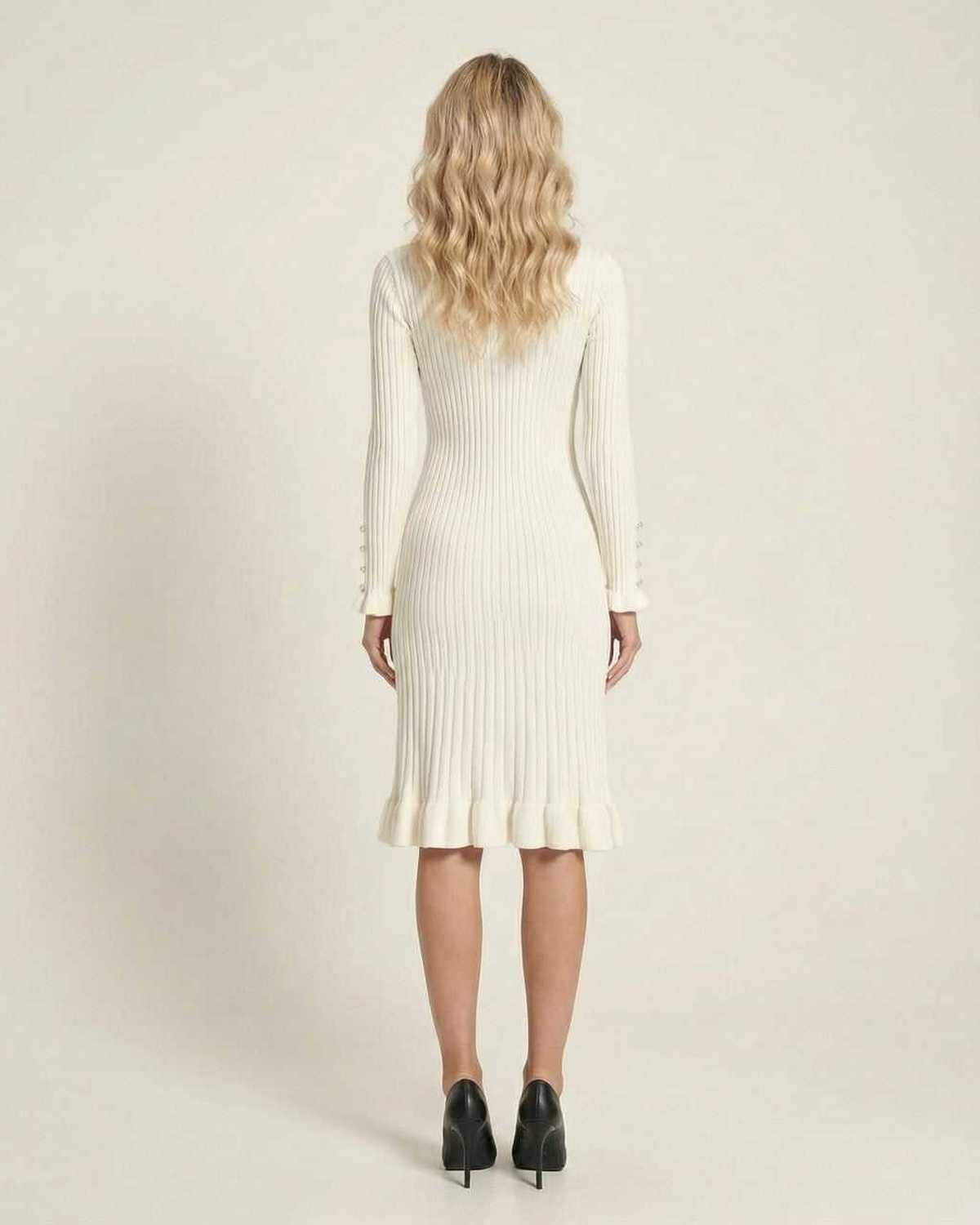 Xora Midi Dress in white, featuring a stylish ribbed design, perfect for elegant occasions. By RAMBLION.