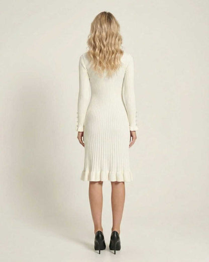 Xora Midi Dress in white, featuring a stylish ribbed design, perfect for elegant occasions. By RAMBLION.