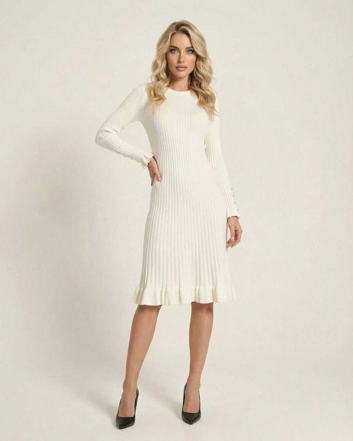 Xora Midi Dress in white, featuring ribbed texture, soft fit, perfect for elegant occasions. By RAMBLION.