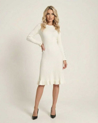 Xora Midi Dress in white, featuring ribbed texture, soft fit, perfect for elegant occasions. By RAMBLION.