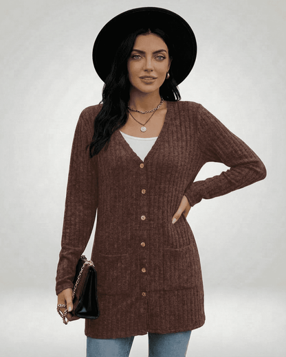 Yado Cardigan in brown, featuring V neck, longline silhouette, perfect for layering. A chic choice by RAMBLION.