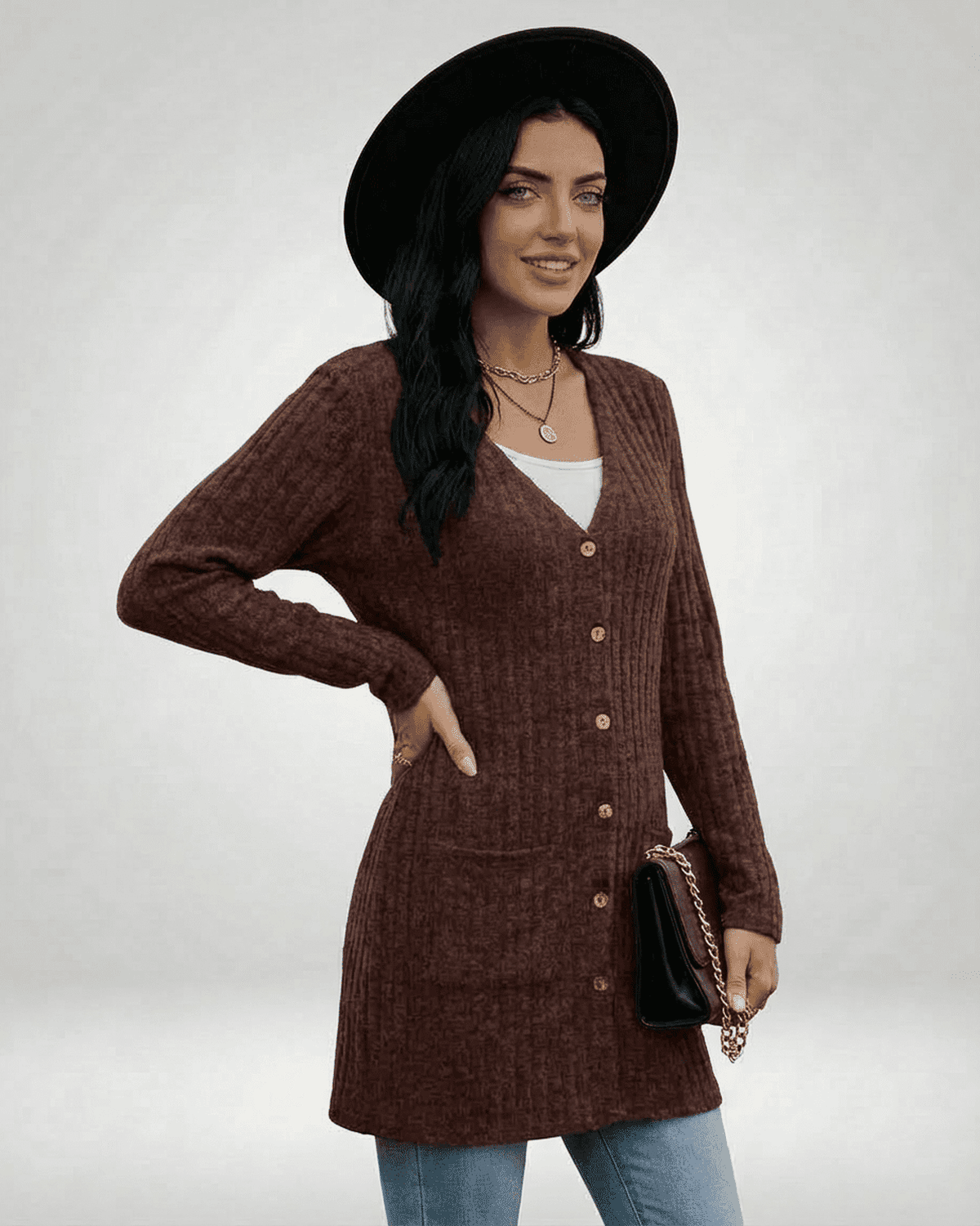 Yado Cardigan in brown, 100% cotton, V neck, chic longline silhouette by RAMBLION, perfect for layering.