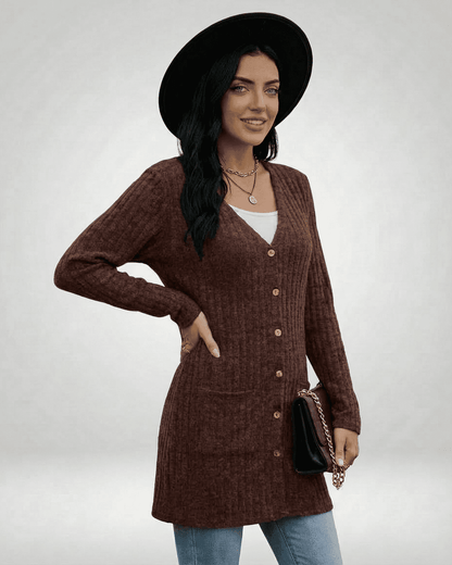 Yado Cardigan in brown, 100% cotton, V neck, chic longline silhouette by RAMBLION, perfect for layering.