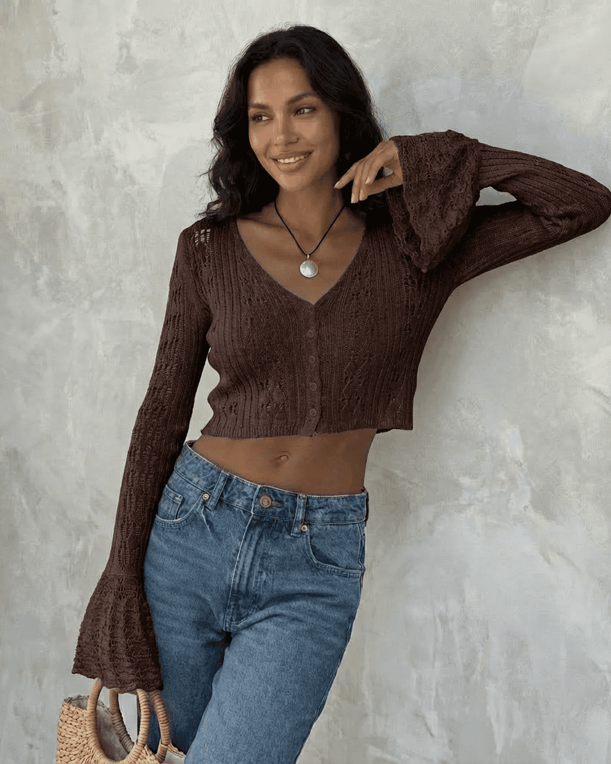 Brown Cotton Cardigan, front view | Ramblion | SKU: CC-31847-brown-L-1456,CC-31847-brown-M-6817,CC-31847-brown-S-4258,CC-31847-brown-XL-2155,CC-31847-brown-XS-8907