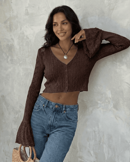 Brown Cotton Cardigan, front view | Ramblion | SKU: CC-31847-brown-L-1456,CC-31847-brown-M-6817,CC-31847-brown-S-4258,CC-31847-brown-XL-2155,CC-31847-brown-XS-8907