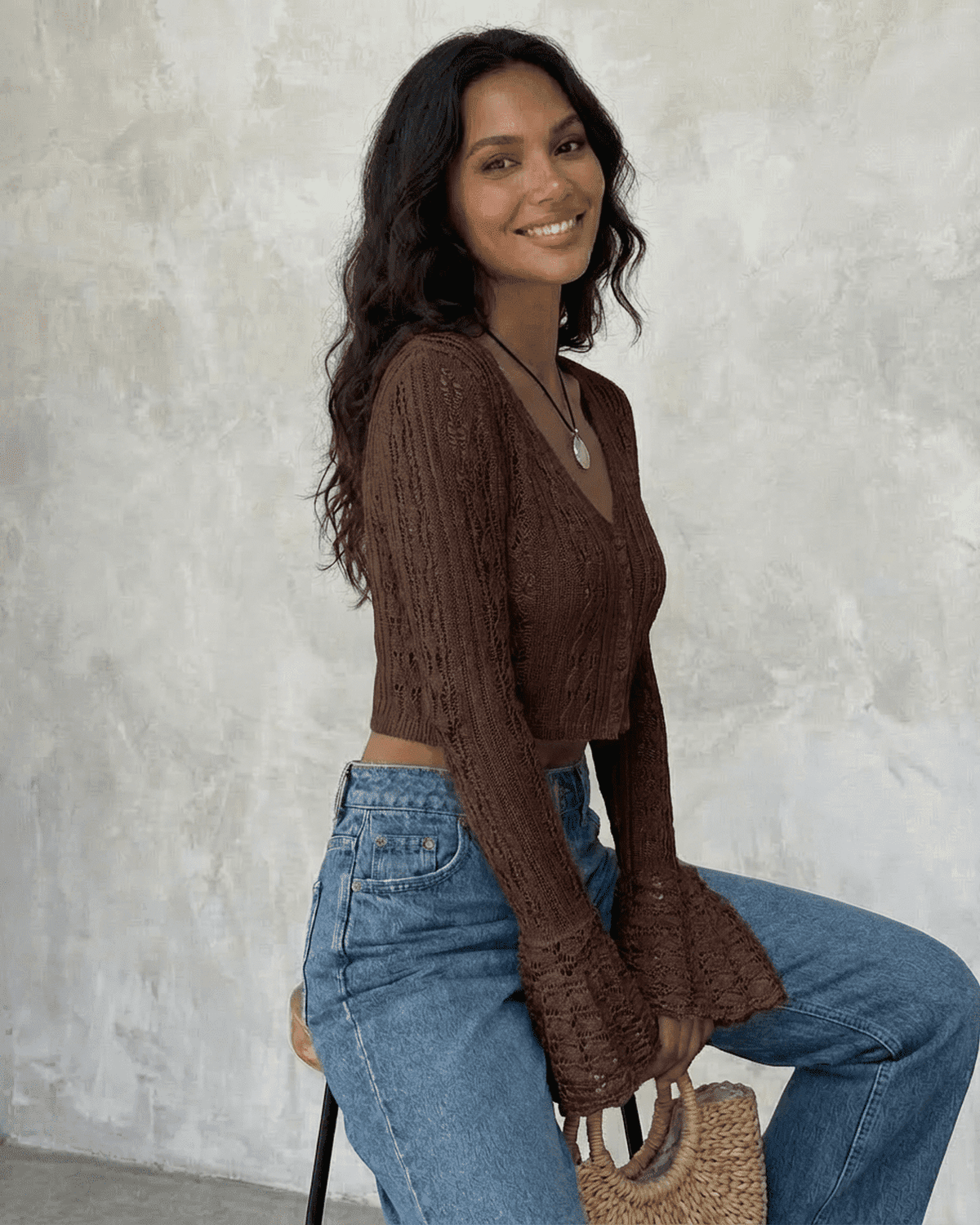 Brown Cotton Cardigan, side view | Ramblion | SKU: CC-31847-brown-L-1456,CC-31847-brown-M-6817,CC-31847-brown-S-4258,CC-31847-brown-XL-2155,CC-31847-brown-XS-8907